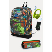 Coral High Kids Siyah Gri Dinozor Desenli Usb'li 2'li Okul Çanta Seti SET0223844
