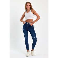 Tref Jns Mavi Yırtık Yüksek Bel Dar Paça Skinny Power Likralı Kot Pantalon Trefjeans-2-Mavi-Yırtık