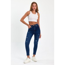 Tref Jns Mavi Yırtık Yüksek Bel Dar Paça Skinny Power Likralı Kot Pantalon Trefjeans-2-Mavi-Yırtık