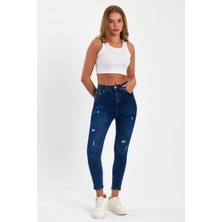 Tref Jns Mavi Yırtık Yüksek Bel Dar Paça Skinny Power Likralı Kot Pantalon Trefjeans-2-Mavi-Yırtık