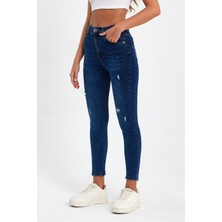 Tref Jns Mavi Yırtık Yüksek Bel Dar Paça Skinny Power Likralı Kot Pantalon Trefjeans-2-Mavi-Yırtık