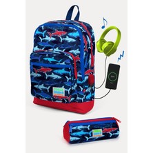 Coral High Kids Lacivert Kırmızı Köpek Balığı Desenli Usb'li 2'li Okul Çanta Seti SET0223818