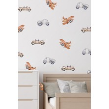 Msticker Vintage Araba ve Uçaklar Duvar Cam Sticker Seti, Çocuk Bebek Odası Duvar Sticker Araba Uçak
