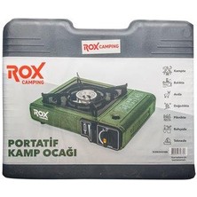 Rox Camping 0188 Tekli Portatif Kamp Ocak - Haki Yeşil, Rüzgarlıklı, Ekstra Gaz Girişli