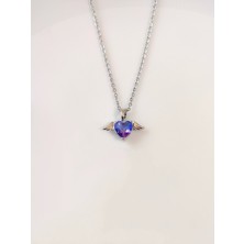 Evorya Kadın Paslanmaz Çelik Melek Kanatlı Mor Mavi Kalp Taşlı Kolye