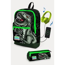 Coral High Kids Koyu Yeşil Siyah Dinazor Desenli Usb'li 2'li Okul Çanta Seti SET0223825