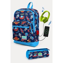 Coral High Kids Lacivert Mavi Uzay Desenli Usb'li 2'li Okul Çanta Seti SET0223280