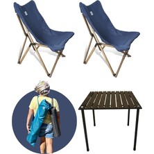 Bag The Joy Ahşap Katlanır Masa Sandalye Seti Antrasit -  Lacivert Kılıf 60X60X55 Antrasit Masa
