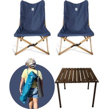 Bag The Joy Ahşap Katlanır Masa Sandalye Seti Kahverengi -  Lacivert Kılıf 60X60X55 Kahverengi Masa