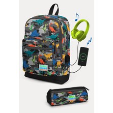 Coral High Kids Koyu Gri Siyah Kamuflaj Dinozor Desenli Usb'li 2'li Okul Çanta Seti SET0223286
