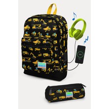 Coral High Kids Siyah Sarı Iş Makinesi Desenli Usb'li 2'li Okul Çanta Seti SET0223288