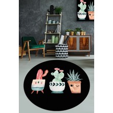 Chilai Home Happy Cactus Djt Siyah Çap Kaymaz Taban , Yıkanabilir Halı 140 x 140
