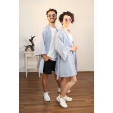 Lapiz Unisex Kısa Kimono, Keten-Kot Karışımı Kumaş, Mavi Renk