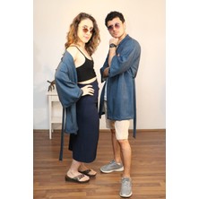 Lapiz Unisex Kısa Kimono, Keten-Kot Karışımı Kumaş, Lacivert Renk