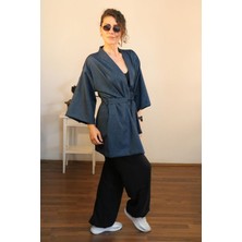 Lapiz Unisex Kısa Kimono, Keten-Kot Karışımı Kumaş, Lacivert Renk