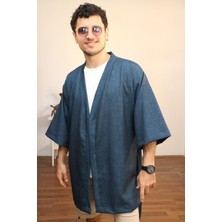 Lapiz Unisex Kısa Kimono, Keten-Kot Karışımı Kumaş, Lacivert Renk