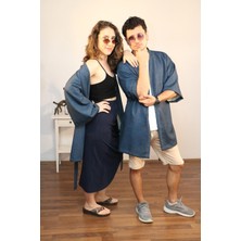 Lapiz Unisex Kısa Kimono, Keten-Kot Karışımı Kumaş, Lacivert Renk