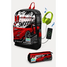 Coral High Kids Siyah Kırmızı Anime Araba Desenli Usb'li 2'li Okul Çanta Seti SET0223847