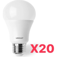 Ledolet 9W LED Ampul 20'li Paket Beyaz Işık 800 Lümen E27 Duy 6500 K