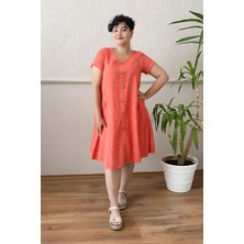 Zer Otantik Düğme Detay Yıkamalı Büyük Beden Elbise Mercan