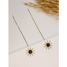 925 Ayar Gümüş Zirkon Taşlı Siyah Mineli Güneş Kadın Trend Zincir Küpe Yılbaşı Yeni Yıl Hediye