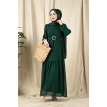 Sevitli Beli Taşlı Kemerli Uzun Elbise-Zümrüt Yeşili