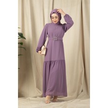 Sevitli Beli Taşlı Kemerli Uzun Elbise-Lila