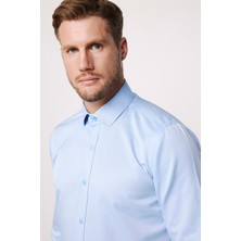 Tudors Erkek Modern Slim Fit Düz Saten Pamuklu Mavi Gömlek