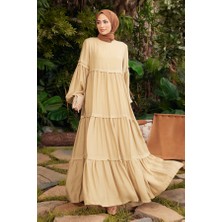 Neways 6510-TENSEL Parça Boya  Büzgülü Elbise Bej