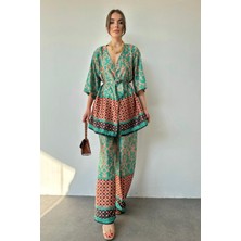 Elbee Desenli Kimono & Pantolon Takım - Yeşil