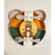 Lova 4 Bölmeli Mama Beslenme Tabağı ve Çatal Kaşık Seti Yeşil (7 Parça)