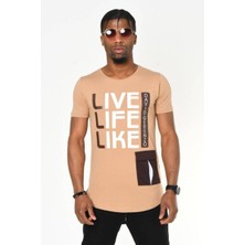 David&Gerenzo Bej Live Like Life Baskı Bisiklet Yaka Slim Fit T-Shirt