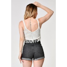 Top Secret Top Secret Püsküllü Ajurlu Crop Triko Bluz - Bej Bej - Standart