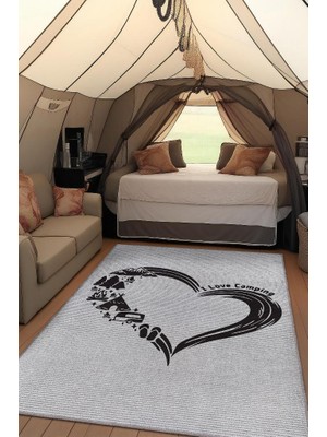Homshtag I Love Camping Kamp Hayatı Desenli Beyaz Halı,Çadır Halısı,Pamuklu Dokuma Tabanlı Yıkanabilir Halı