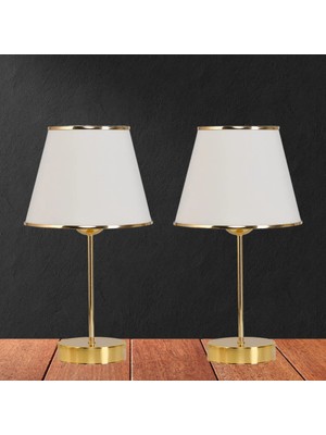 Art&Gift Star Gold Ayaklı Abajur Şeritli Krem Kumaş Başlık Yatak Odası Salon Masa Lambası 2 Adet