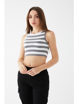 NSE Collection Kadın Füme Renk Mini Boy Çizgili Triko Body Crop