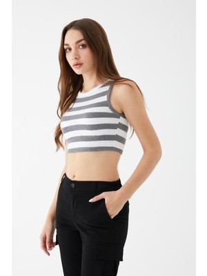 NSE Collection Kadın Füme Renk Mini Boy Çizgili Triko Body Crop