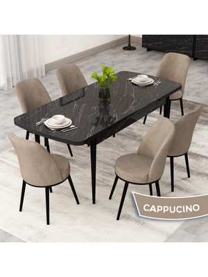 Rax Serisi Açılabilir 80X132 Siyah Mermer Desen Mutfak Masası Takımı ve 6 Sandalye