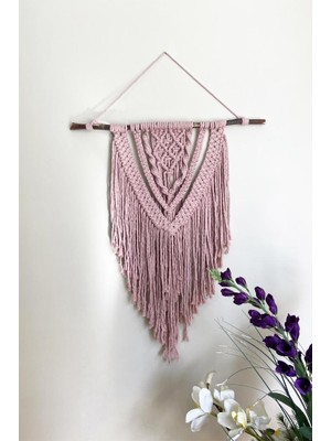 Floral Macrame Design  Kare Düğümlü Gül Kurusu El Yapımı Makrome Duvar Süsü