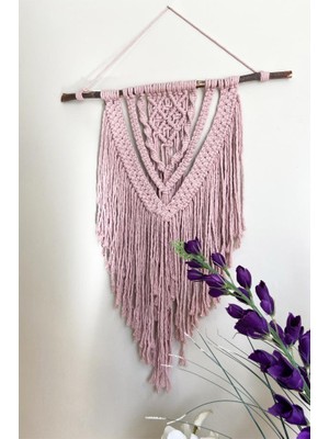 Floral Macrame Design  Kare Düğümlü Gül Kurusu El Yapımı Makrome Duvar Süsü