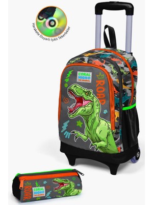 Coral High Kids Siyah Gri Dinozor Desenli Çekçekli 2'li Çanta Seti GOSET0223944