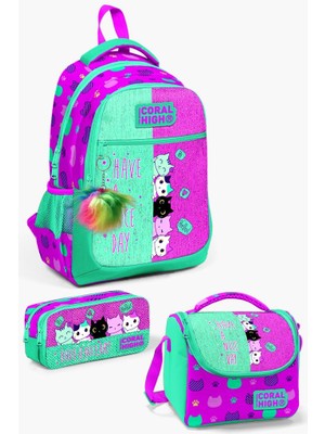 Coral High Kids Pembe Su Yeşili Kedi Desenli 3’lü Okul Çanta Seti GOSET0123490