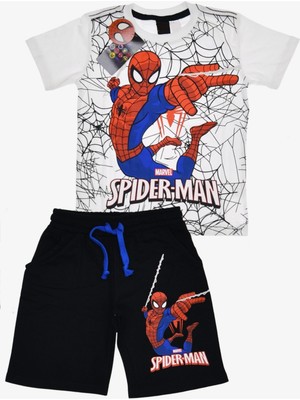 NSE Collection Erkek Çocuk Beyaz Renk Spiderman Örümcek Adam T-Shirt ve Siyah Renk Şort Alt Üst 2 Parça Takım