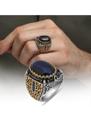 Alyansevim Mavi Kaplan Gözü Taşlı 925 Gümüş Erkek Yüzük