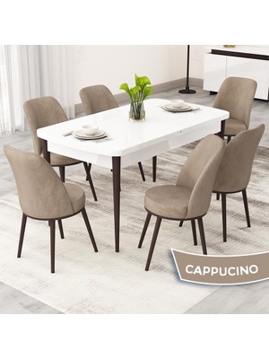 Canisa Rax Serisi Açılabilir 80X132 MDF Beyaz Masa Ceviz Ayak Mutfak Masası Takımı ve 6 Sandalye