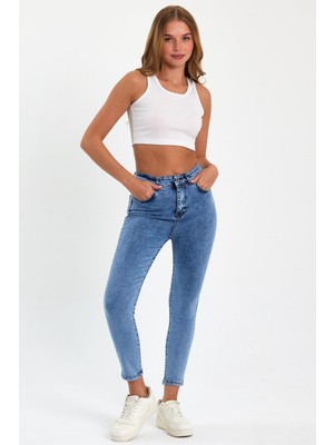 Tref Jns Mavi Yüksek Bel Dar Paça Skinny Power Likralı Kot Pantalon Trefjeans-1-Mavi