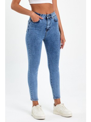 Tref Jns Mavi Yüksek Bel Dar Paça Skinny Power Likralı Kot Pantalon Trefjeans-1-Mavi