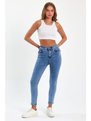 Tref Jns Mavi Yüksek Bel Dar Paça Skinny Power Likralı Kot Pantalon Trefjeans-1-Mavi