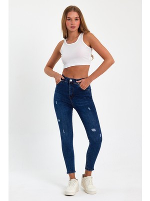 Tref Jns Mavi Yırtık Yüksek Bel Dar Paça Skinny Power Likralı Kot Pantalon Trefjeans-2-Mavi-Yırtık