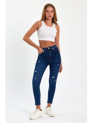 Tref Jns Mavi Yırtık Yüksek Bel Dar Paça Skinny Power Likralı Kot Pantalon Trefjeans-2-Mavi-Yırtık